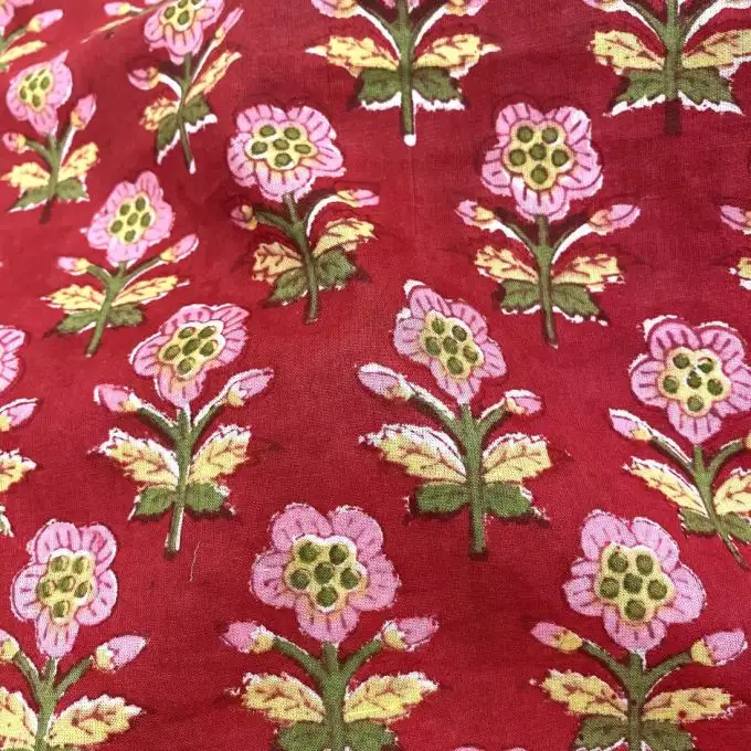 Tessuto voile di cotone stampa block print fiori fucsia