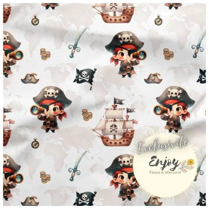 Tessuto French Terry Pirati Mondo Marino Marrone venduto al metro