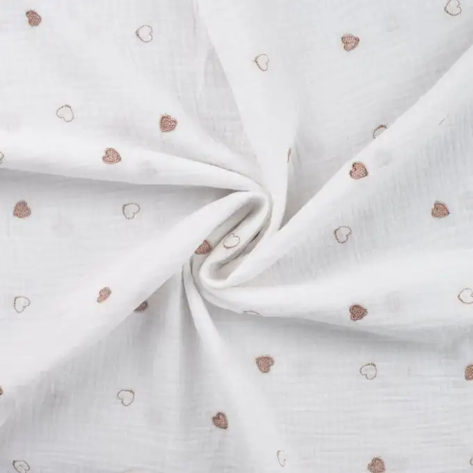 Tessuto doppio garza ricamato bronzo cuore ecru