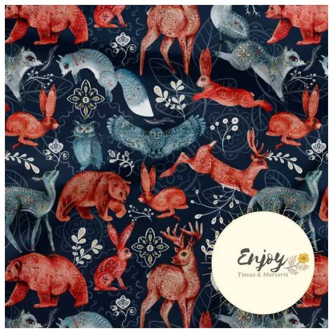 Tessuto Jersey Animali Foresta Blu venduto al metro