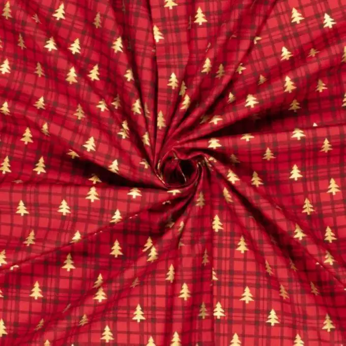 Tessuto cotone natalizio albero dorato sfondo tartan rosso