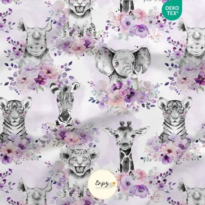 Tessuto 100% cotone premium Animali della Savana Fiori viola venduto al metro