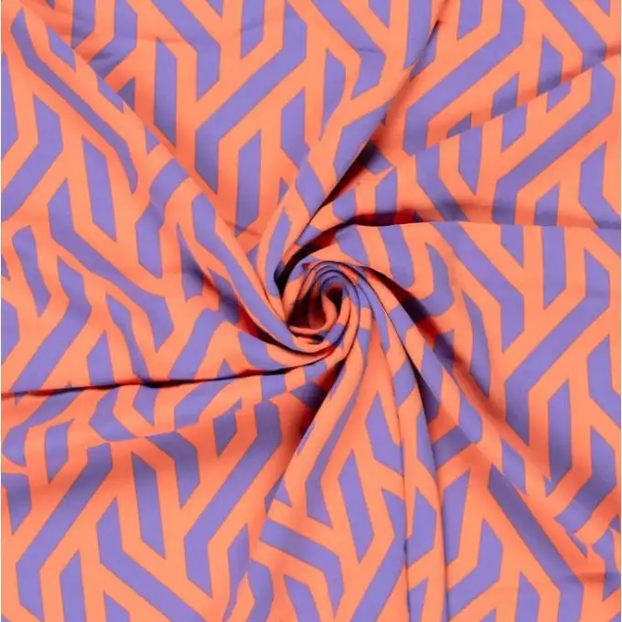 Tessuto crepe poliestere pesante elastan grafico arancione viola