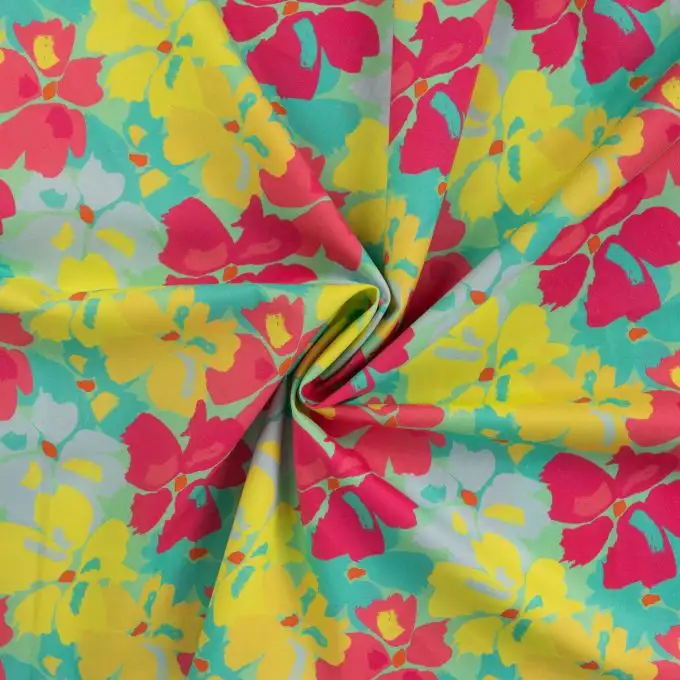 Tessuto voile cotone stampato fiore acquerellato giallo