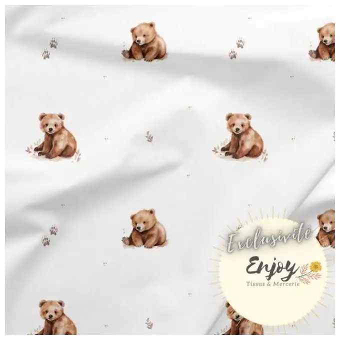 Tessuto Jersey Animali Foresta Orso Beige venduto al metro