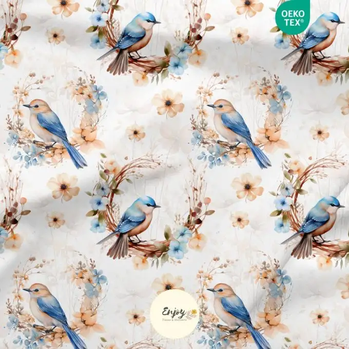 Tessuto 100% cotone premium floreale Uccelli Fiori blu venduto al metro