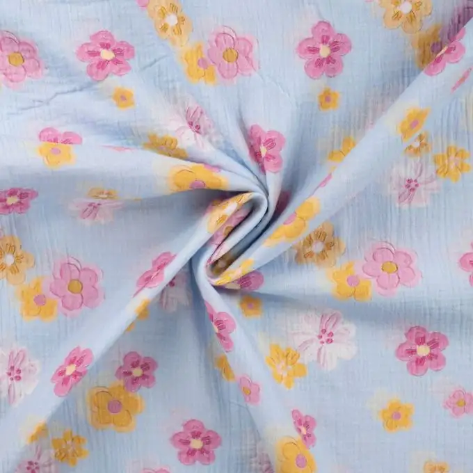 Tessuto doppio garza stampato fiore ciliegio acquerellato blu