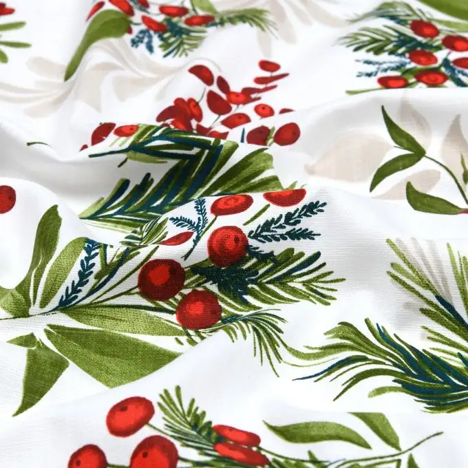 Tessuto bachette slub rivestito stampato bouquet di agrifoglio bianco