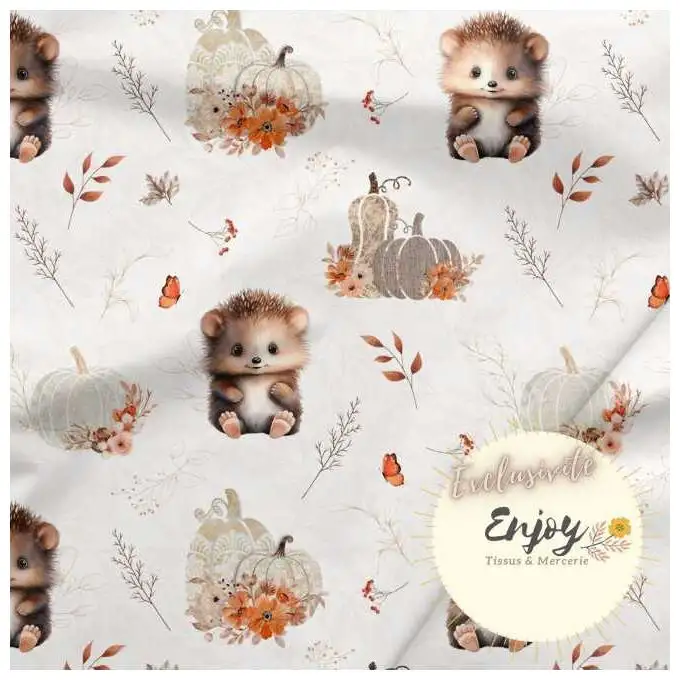 Tessuto Jersey Animali della Foresta Riccio Beige venduto al metro