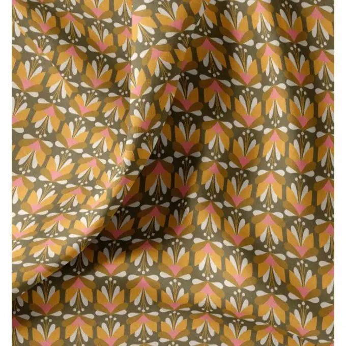 Tessuto cretonne stampato tulipano retro geometrico rosa verde