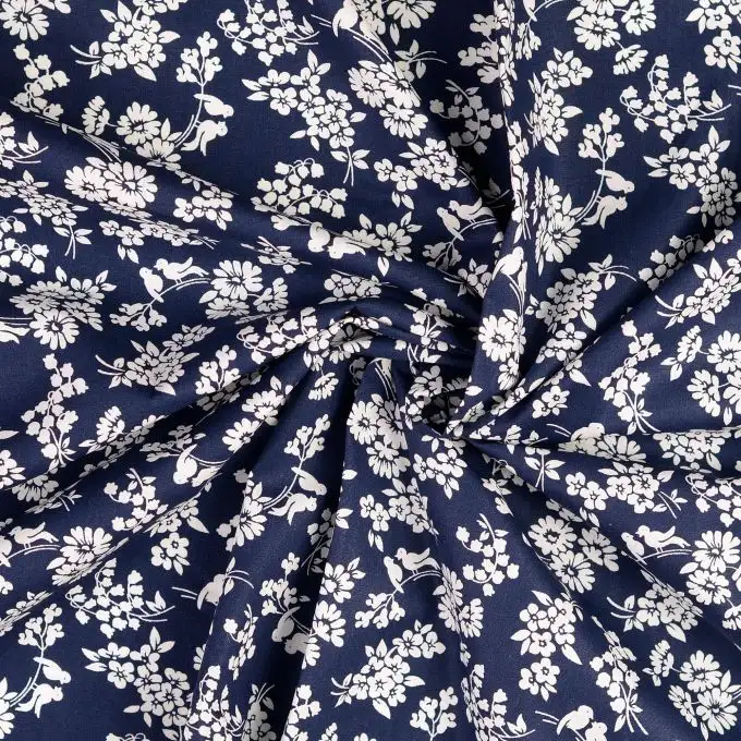 Tessuto popeline cotone stampato fiore romantico blu navy