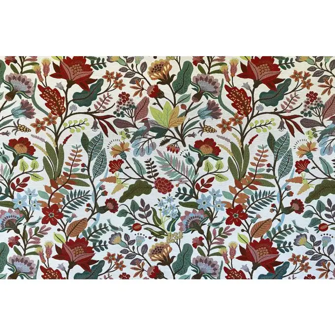 Tessuto di cotone ricamato con fiori multicolori su fondo bianco, sedili