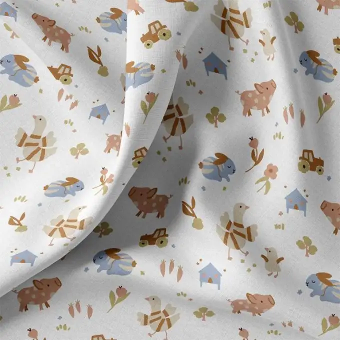 Tessuto cretonne stampato animali della fattoria ecru