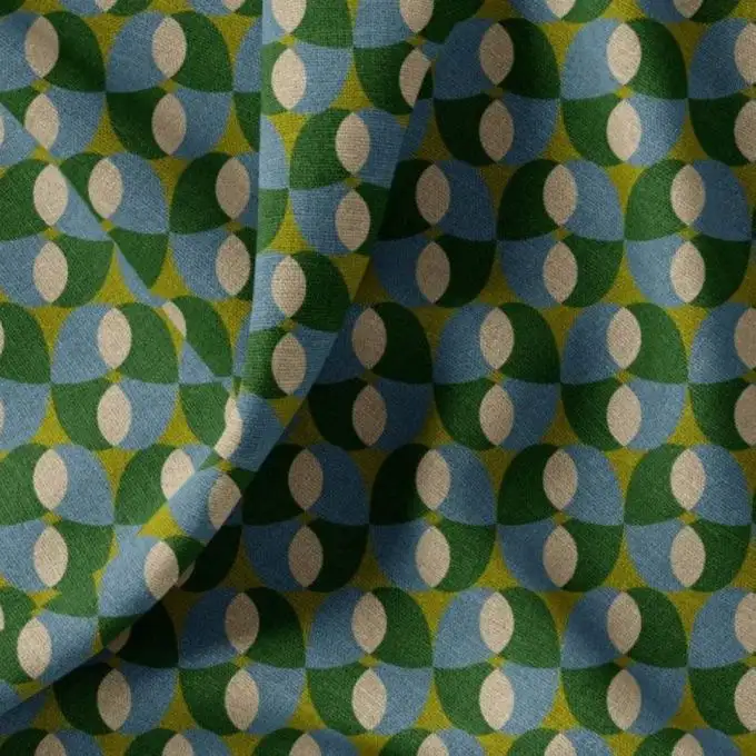 Tessuto semitrasparente stampato geometrico retro verde e blu