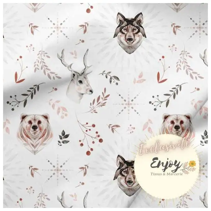 Tessuto French Terry Animali della Foresta beige venduto al metro