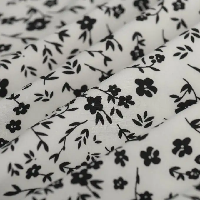 Tessuto satin leggero poliestere elastico floreale stelo nero ecrù