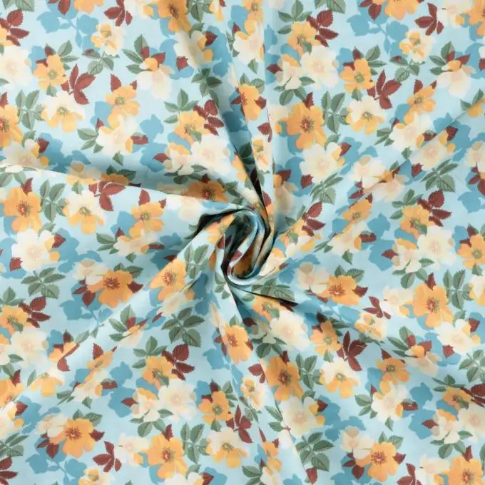 Tessuto popeline di cotone stampato bouquet di fiori blu