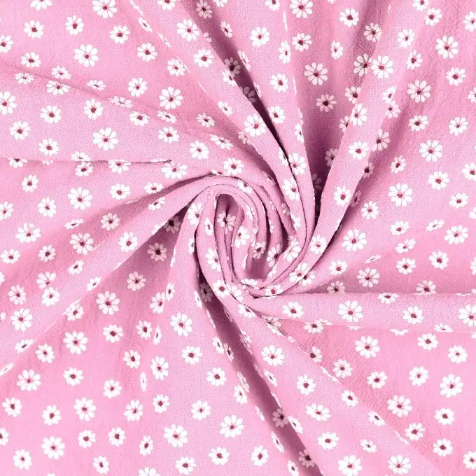 Tessuto cretonne cotone stampato margherita rilievo rosa