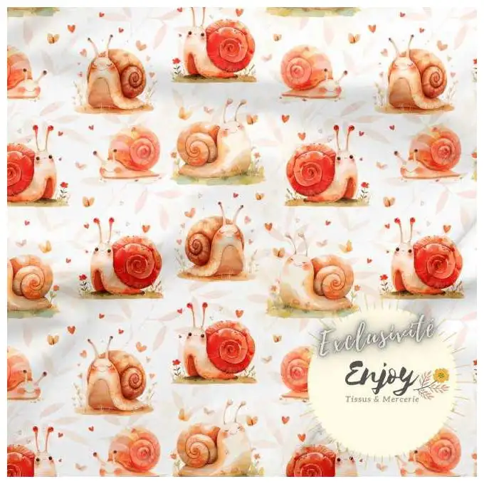 Tessuto Jersey Animali Foresta Lumaca Beige venduto al metro