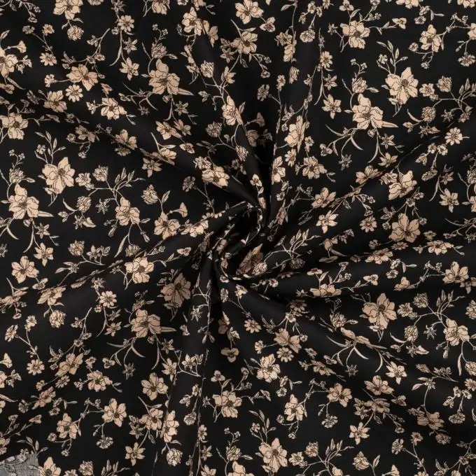 Tessuto popeline cotone stampato fiore indiano nero