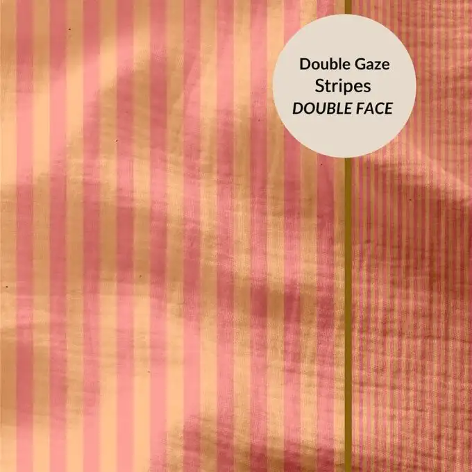 Tessuto doppio gaze rigato maxi mini rettangolo verso sorbetto e melone rosa