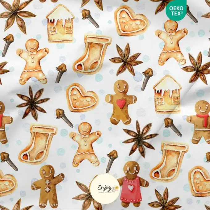 Tessuto 100 % cotone premium Natale pan di zenzero beige venduto al metro