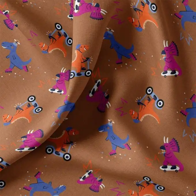 Tessuto cretonne stampato dino skater marrone