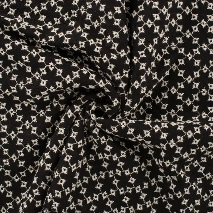 Tessuto ricamato viscosa lino rombo ecru nero