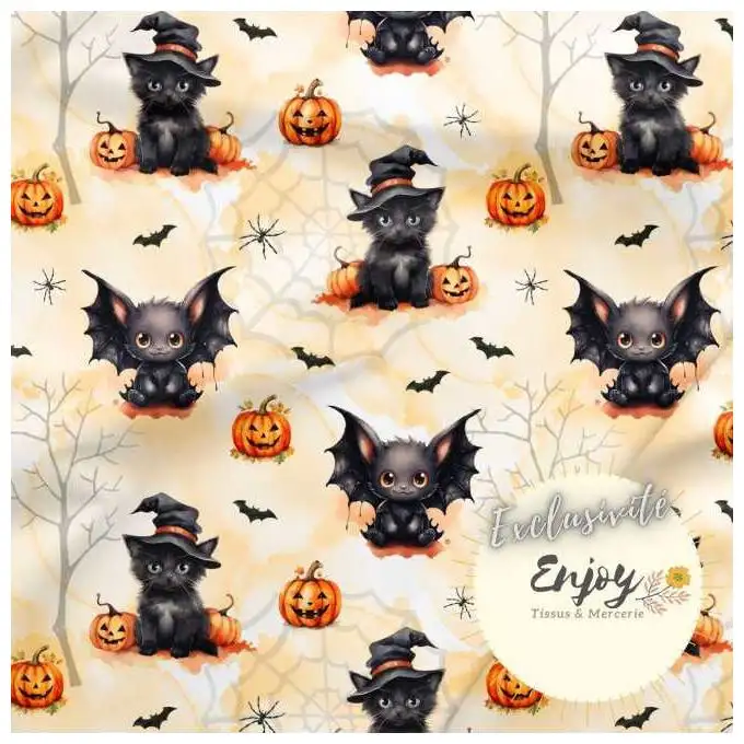Jersey Zucche Halloween Gatto Nero Arancione venduto al metro