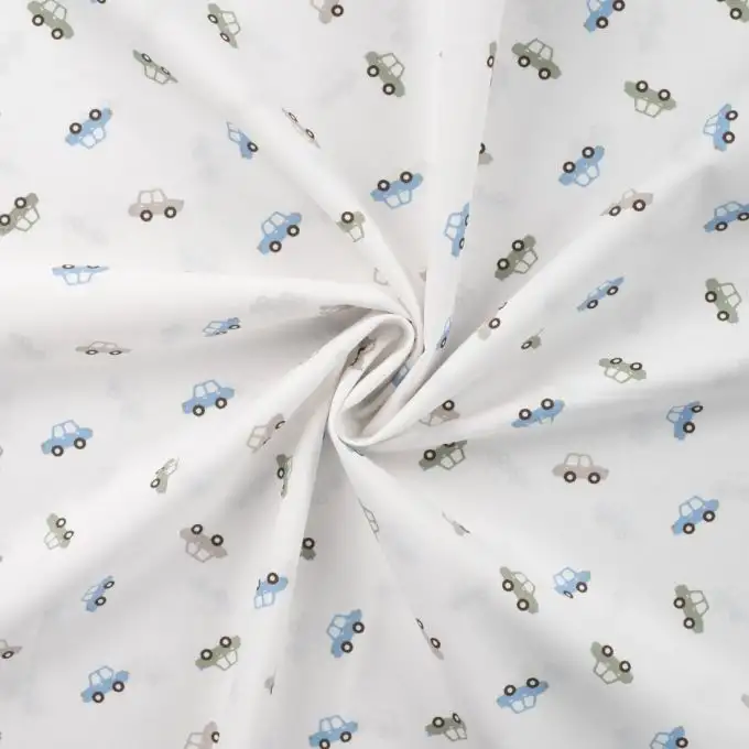 Tessuto popeline di cotone stampato mini auto ecru