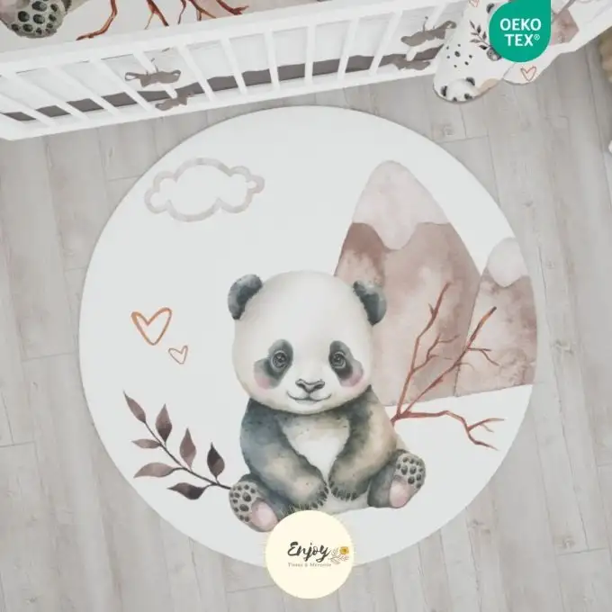 Pannello di Tessuto per Tappeto Rotondo e Cuscino con Panda in Stile Neutro