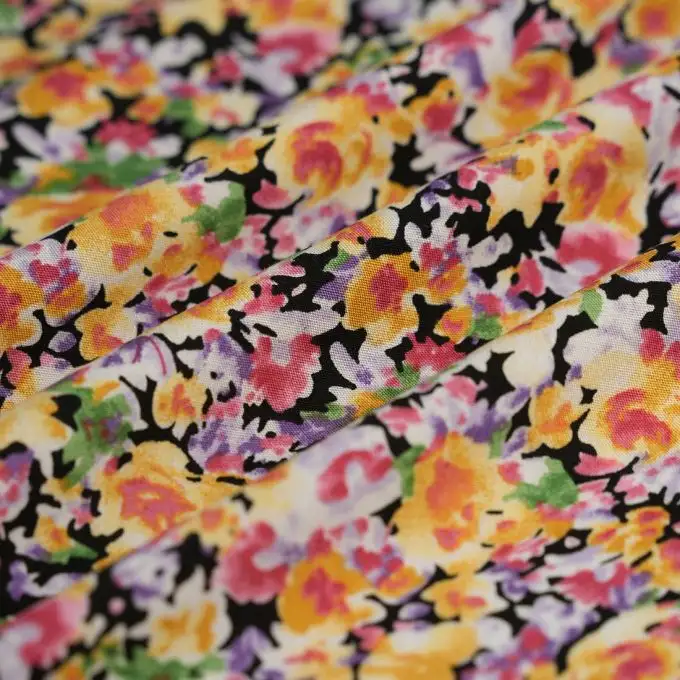 Tessuto popeline viscosa floreale denso multicolore nero