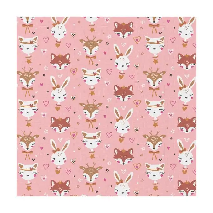 Tessuto cotone bambini teste di animali su sfondo rosa
