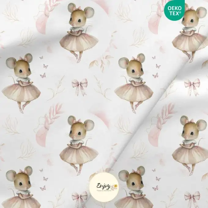 Tessuto in cotone 100% Bambini Animali Topolina Ballerina Rosa venduto al metro
