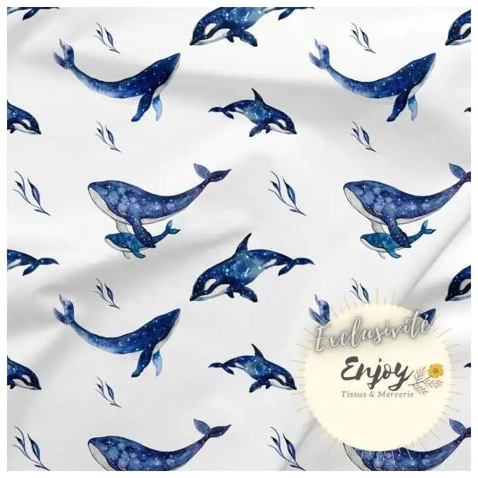 French Terry Tessuto Mondo Marino Balena Blu venduto al metro