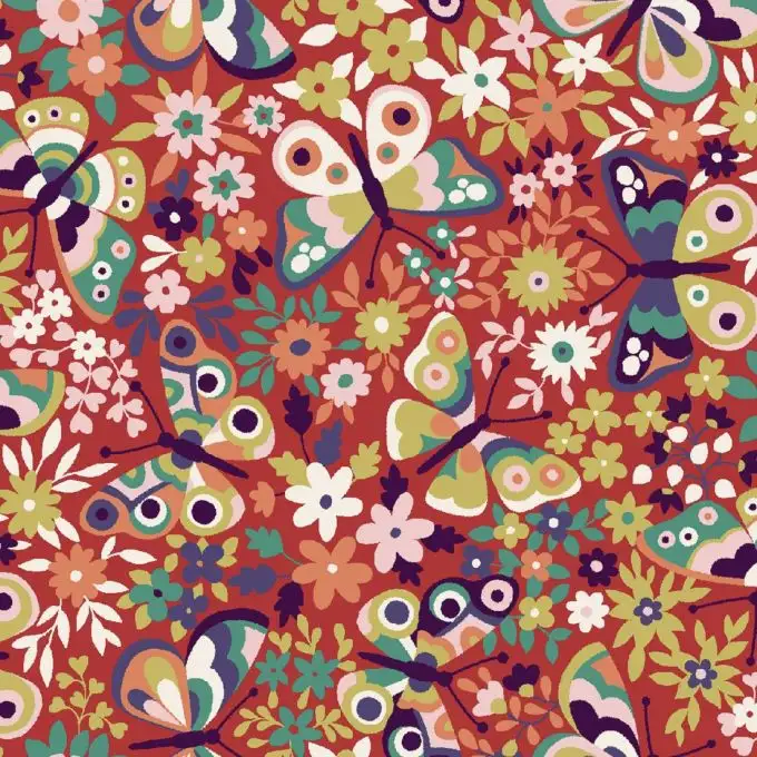 Tessuto popeline cotone rosso stampato farfalle in festa Glade - Dashwood