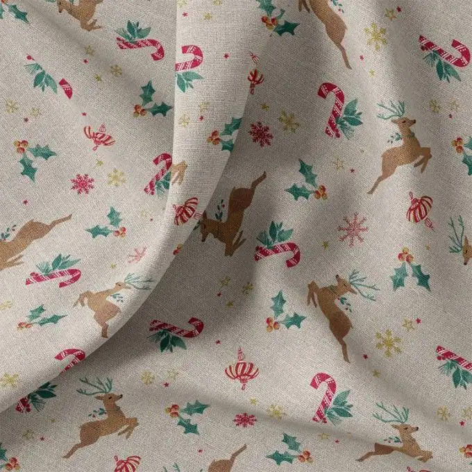 Tessuto di Natale effetto lino renne agrifoglio e stelle dorate ecru