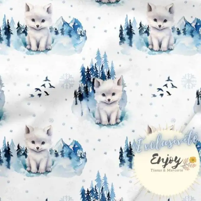 Cotone Premium 100% Animali della Banchisa Volpe Blu venduto al metro