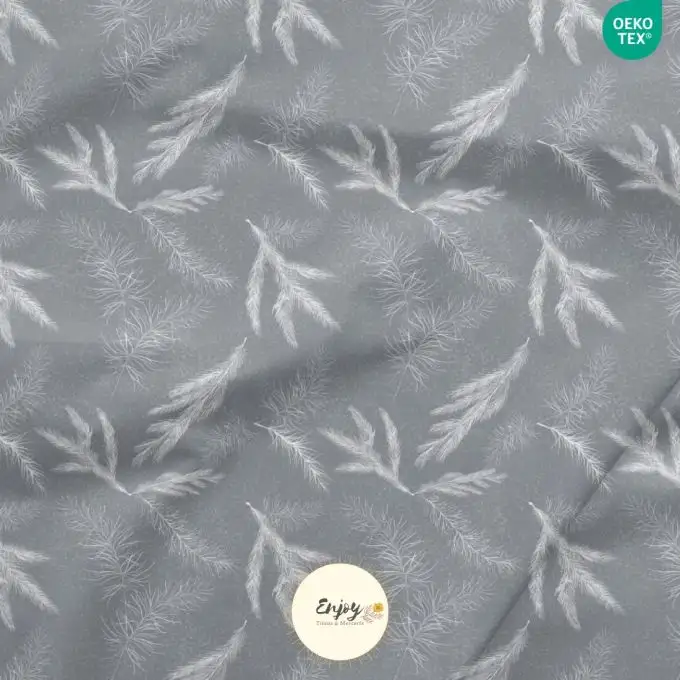 Pezzo di tessuto Ramificazione Fogliame Inverno Neve Fondo Grigio Cotone