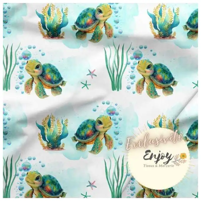 Tessuto Jersey Animali Mondo Marino Tartaruga Blu venduto al metro