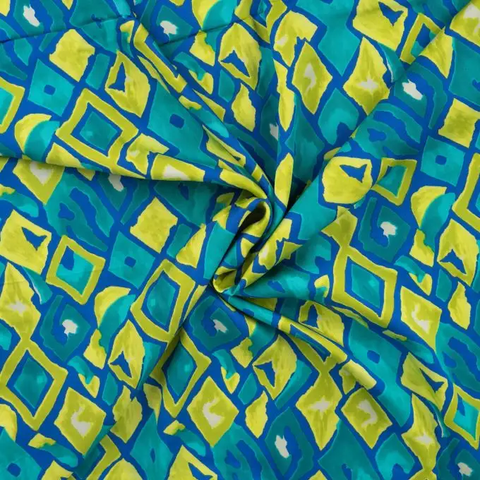 Tessuto satin viscosa stampato quadri fantasia blu