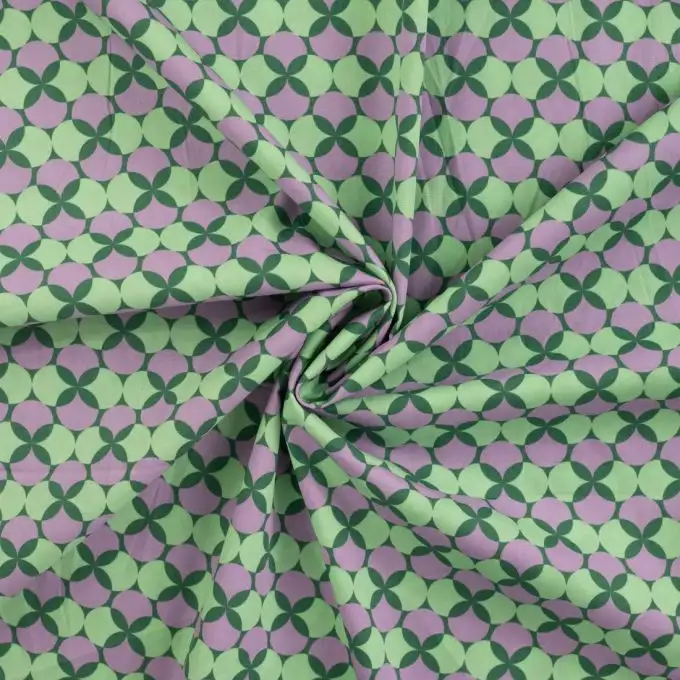 Tessuto popeline di cotone stampato retro geo viola