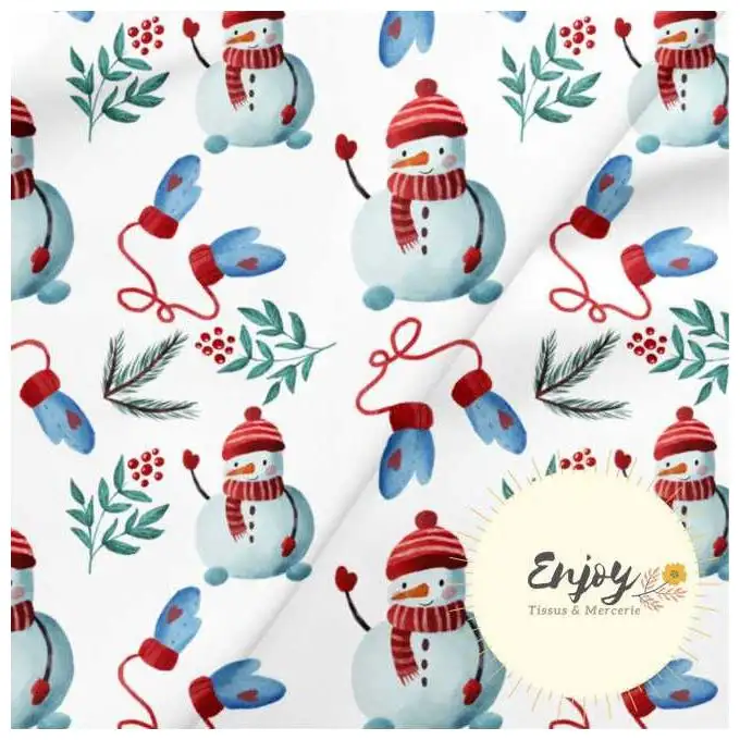 Tessuto French Terry Natale Pupazzo di Neve Bianco Rosso venduto al metro