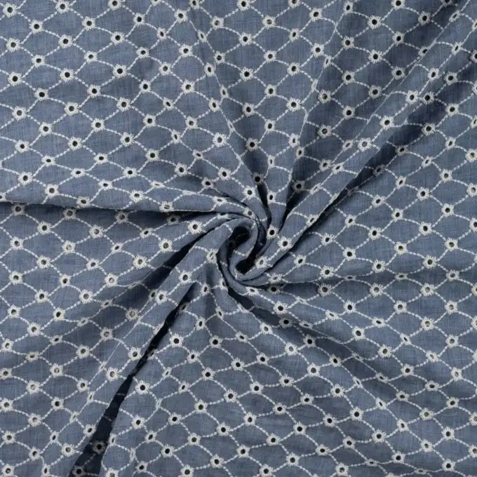 Tessuto cotone ricamo inglese fiorellino blu denim