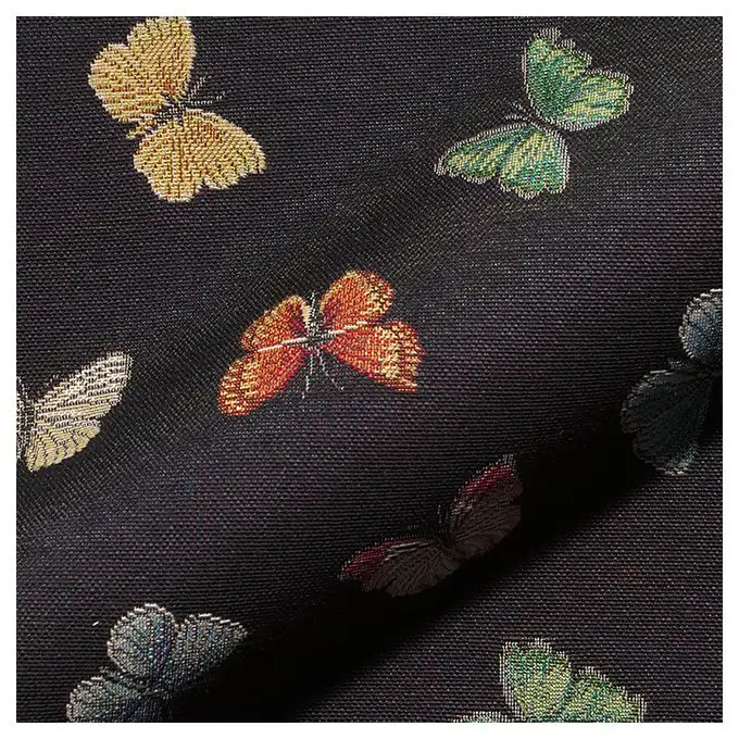 Tessuto jacquard gobelin nero farfalle multicolori
