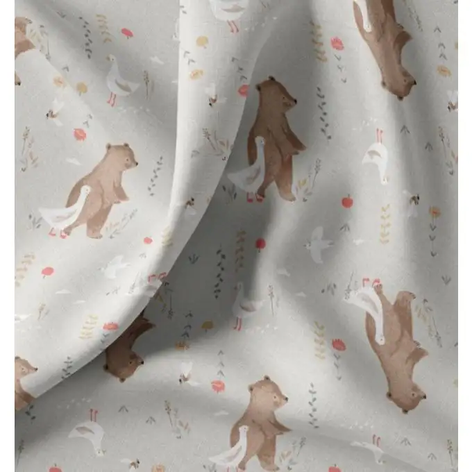 Tessuto cretonne stampato piccolo orsetto in fattoria multicolore