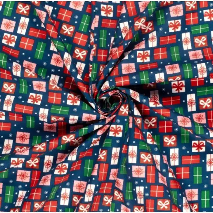 Tessuto cotone di Natale regali a gogo blu
