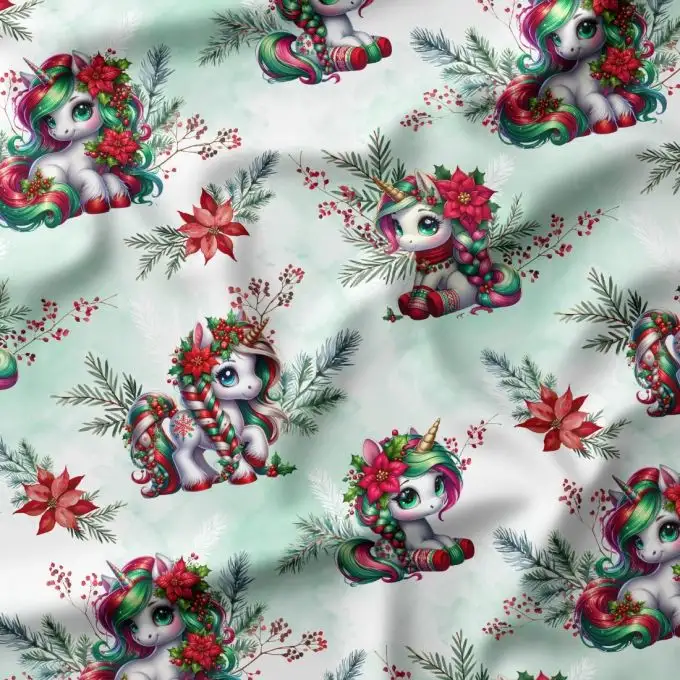 Tessuto di cotone stampato Unicorno di Natale – Certificato Oeko-Tex®
