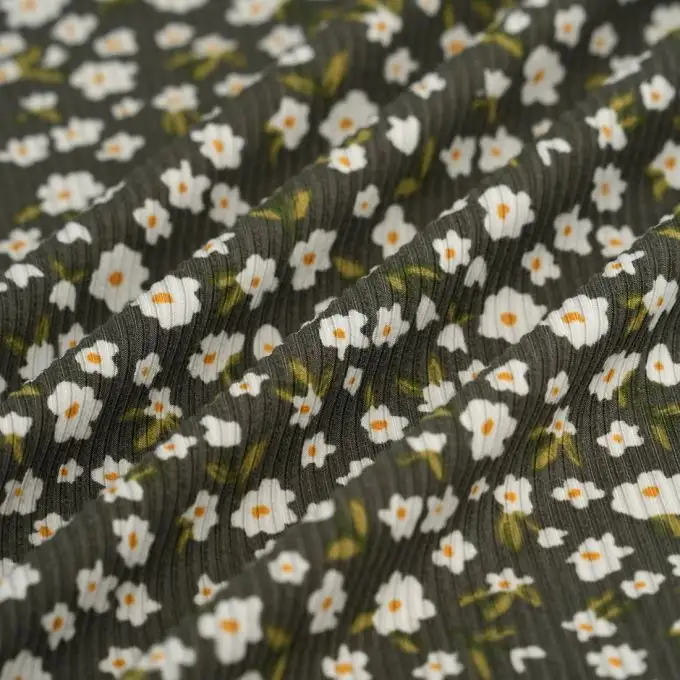 Tessuto costina poliestere elastan floreale bianco kaki