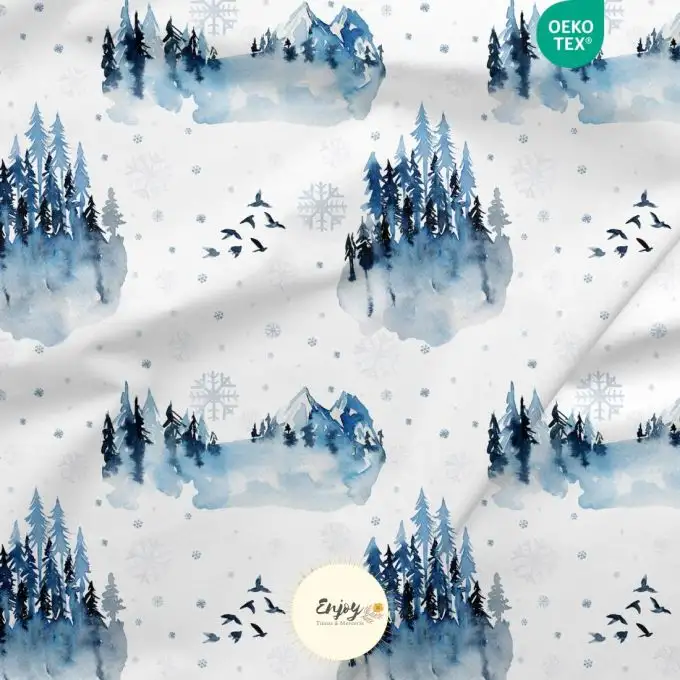 Tessuto 100% cotone premium Montagna Paesaggio Neve blu venduto al metro